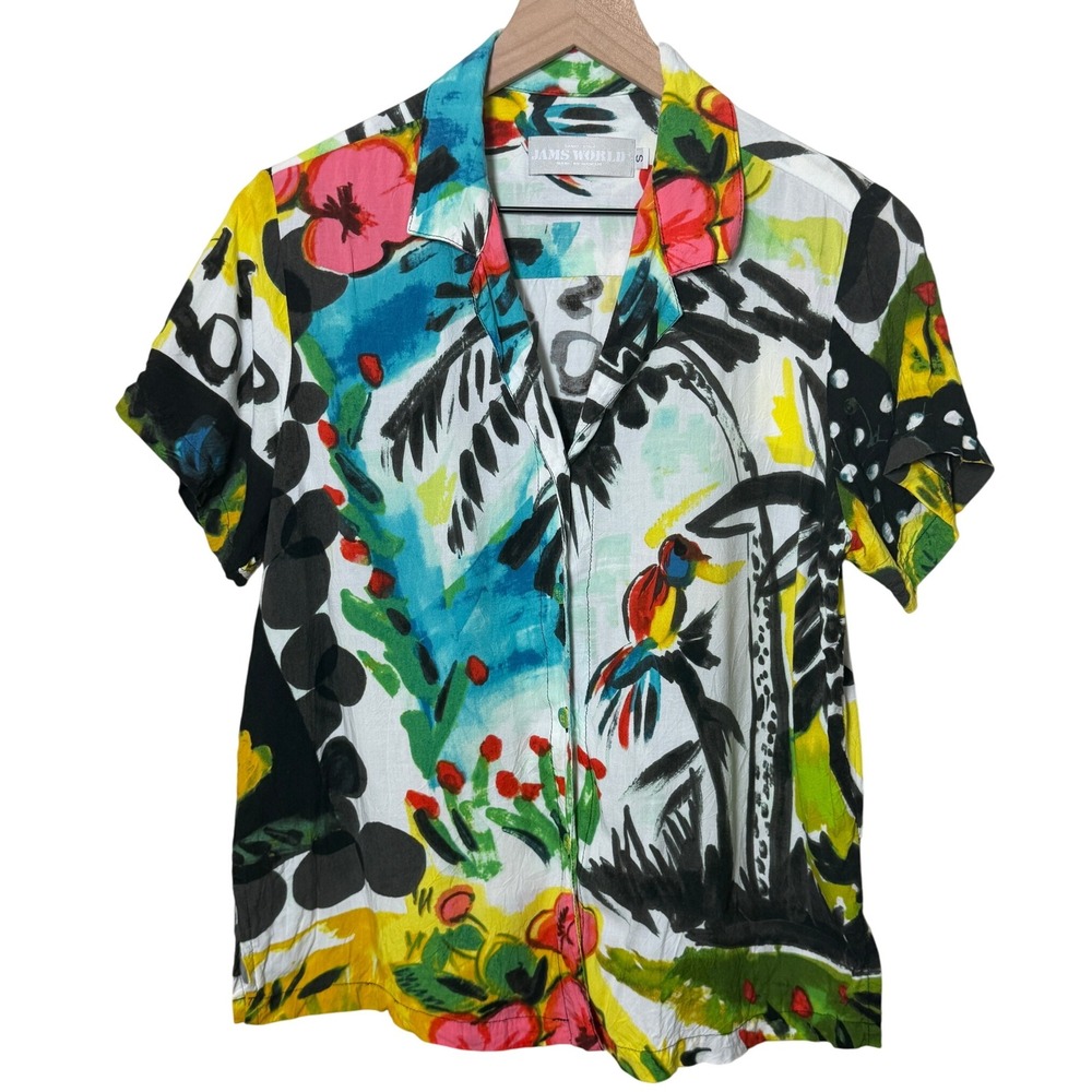 Jams World Pave Parrot Hawaiian Shirt‎ Tropical Floral Print Camp Button Up
